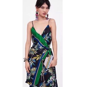 Zara Black and Green Floral Wrap Dress